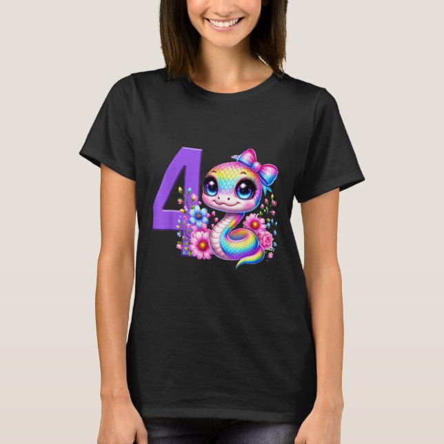 4th Birthday Girl Snake Party Rainbow Coquette Bow T-Shirt (Front)