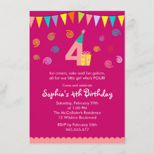 4th Birthday Girl's Cute Pink Party Invitation
