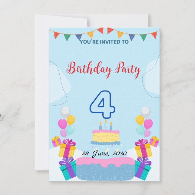 4th Birthday Invitation – Adorably Fun Party Card  (Front)