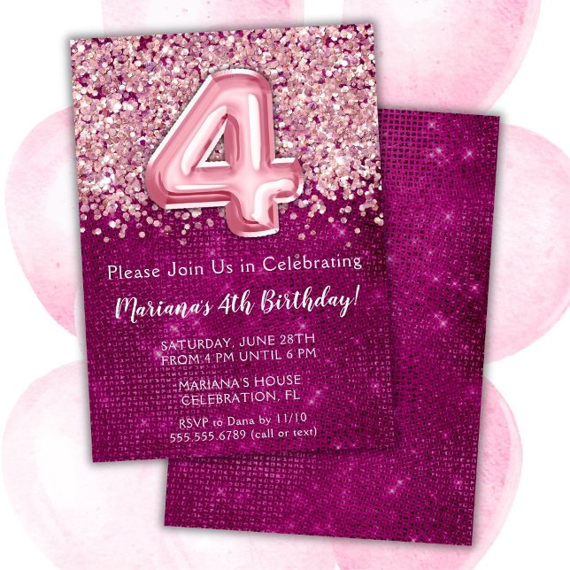 4th Birthday Invitation Girly Magenta Pink Glitter (Creator Uploaded)