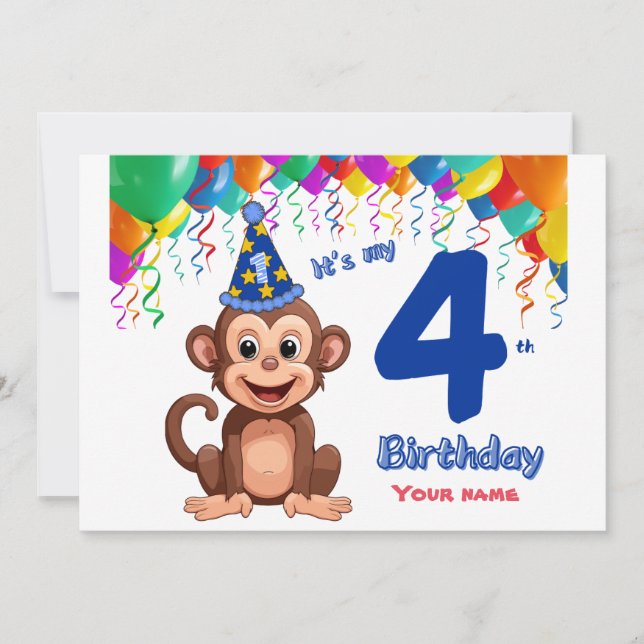 4th Birthday Invitation, Monkey Party Personalize Invitation (Front)