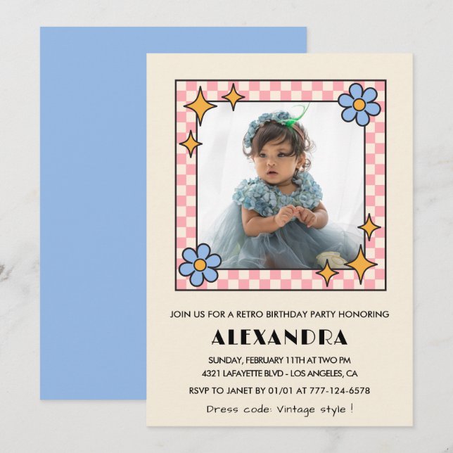 4th birthday invitation Retro Groovy Blue Floral (Front/Back)