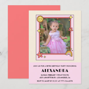 4th birthday invitation Retro Groovy Pink Floral