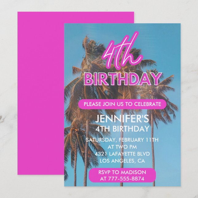 4th birthday invitation Summer Tropical Palm tree (Front/Back)