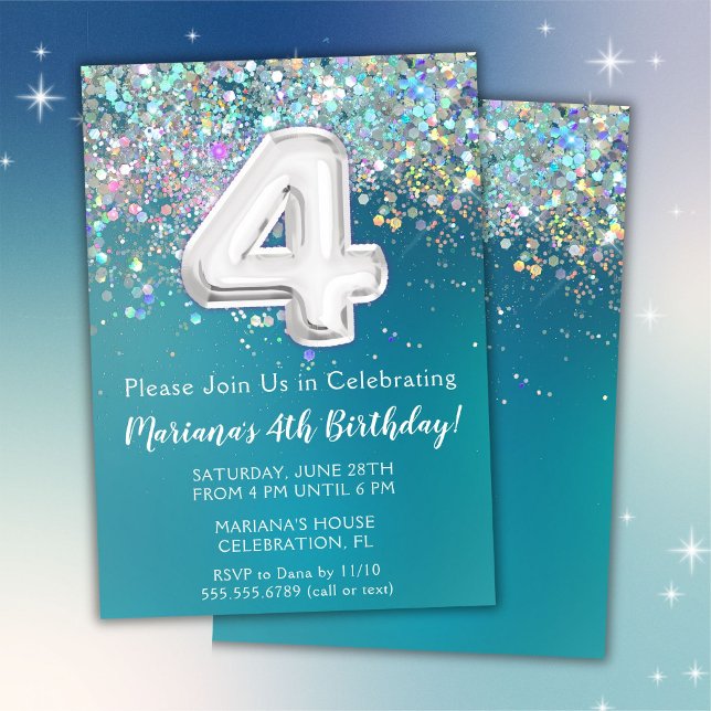 4th Birthday Invitation Teal Silver Glitter (Creator Uploaded)