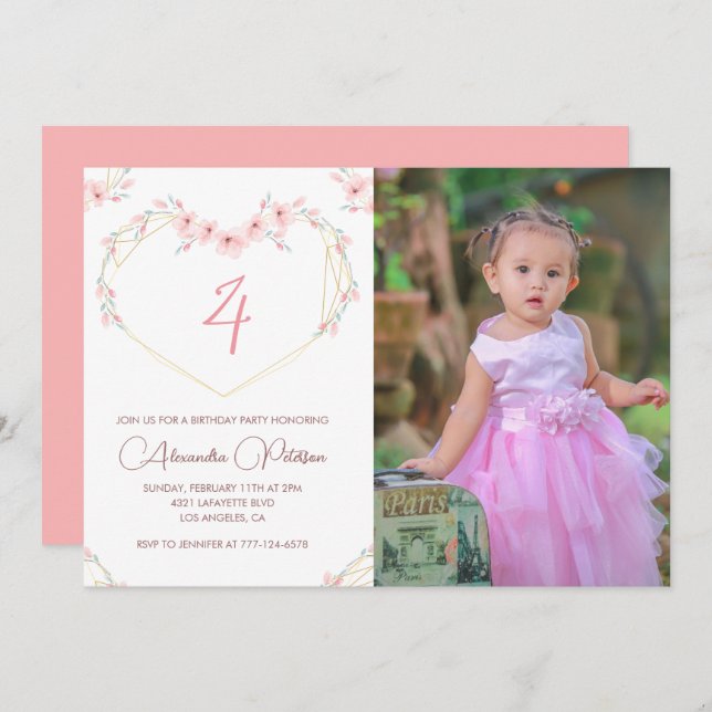 4th birthday invitations Boho Floral Photo (Front/Back)