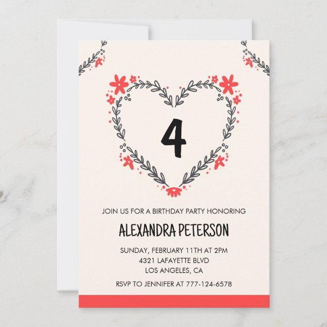4th birthday invitations for her floral heart (Front)