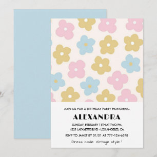 4th birthday invitations Retro Blue Pink Floral