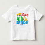 4th Birthday Kids Construction Vehicle Party Toddler T-Shirt<br><div class="desc">A cute fourth birthday bodysuit for a toddler kid who likes construction vehicles and trucks. This features a yellow cement mixer and a dinner next to the words It's My 4th Birthday and your child's name in blue. A great personalised party tee for a little boy into cars.</div>