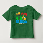 4th Birthday Kids Construction Vehicle Party Toddler T-Shirt<br><div class="desc">A cute fourth birthday bodysuit for a toddler kid who likes construction vehicles and trucks. This features a yellow cement mixer and a dinner next to the words It's My 4th Birthday and your child's name in blue. A great personalised party tee for a little boy into cars.</div>