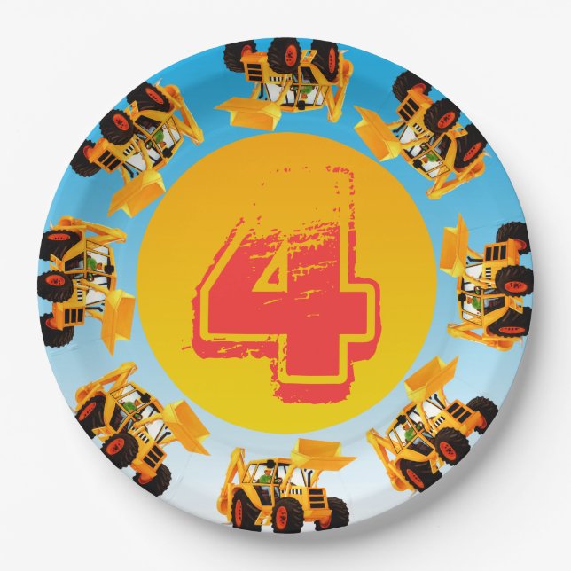 4th Birthday Kids Digger Construction Party Paper Plate (Front)