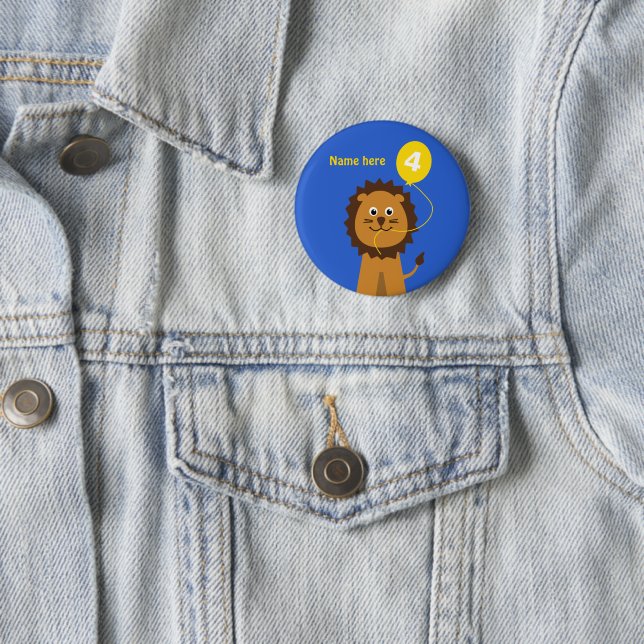 4th birthday lion add name blue 6 cm round badge (In Situ)
