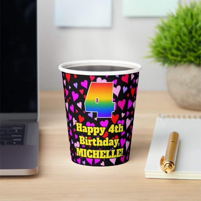 4th Birthday: Loving Hearts Pattern, Rainbow 4 Paper Cups (Insitu)