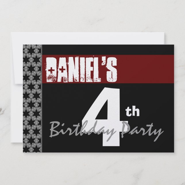 4th Birthday Modern Red White Black Metallic Y155 Invitation (Front)