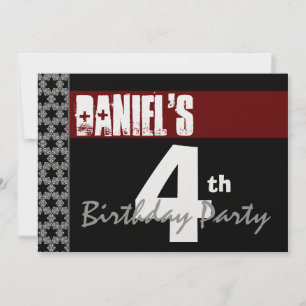 4th Birthday Modern Red White Black Metallic Y155 Invitation