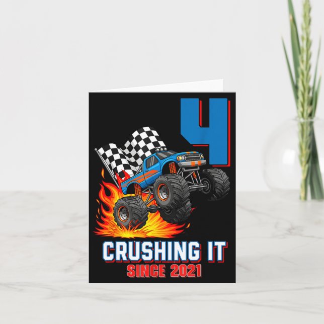 4th Birthday Monster Truck 4 Year Old Boy Born 202 Card (Front)