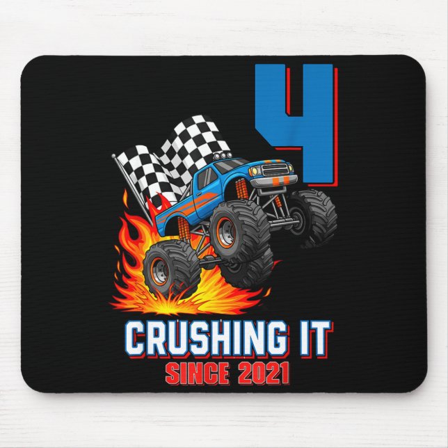 4th Birthday Monster Truck 4 Year Old Boy Born 202 Mouse Mat (Front)