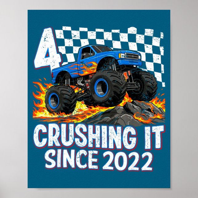 4th Birthday Monster Truck 4 Year Old Boys Party B Poster (Front)