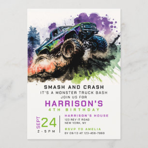 4th Birthday Monster Truck Smash Crash Kids Invitation