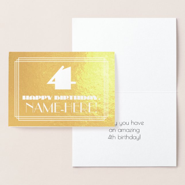 4th Birthday: Name + Art Deco Inspired Look "4" Foil Card (Display)