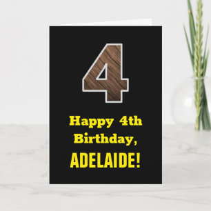 4th Birthday: Name, Faux Wood Grain Pattern "4" Card