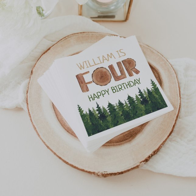 4th Birthday Name Rustic Green Trees  Napkin (Creator Uploaded)