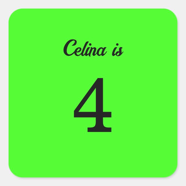 4th Birthday Neon Green Custom Age Name Colour Square Sticker (Front)