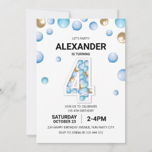 4th Birthday Party, Blue and Gold Balloon Boy Invitation