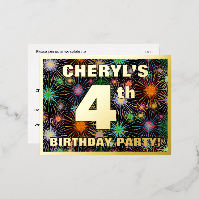 4th Birthday Party: Bold, Colourful Fireworks Look Foil Invitation Postcard (Front/Back)