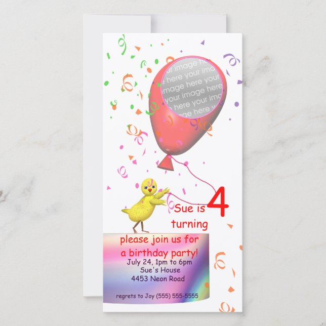 4th Birthday Party Chicken Invite Red Balloon (Front)