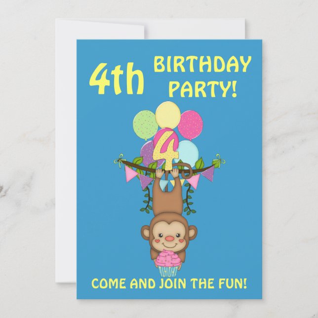 4th Birthday Party-Cute Monkey+Colourful Balloons Invitation (Front)