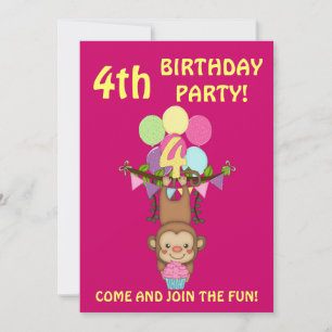 4th Birthday Party-Cute Monkey+Colourful Balloons Invitation