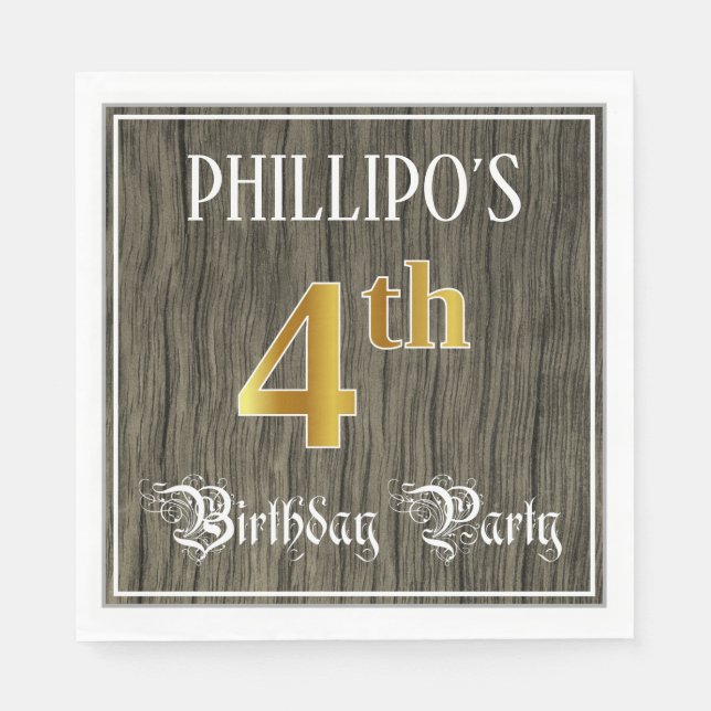 4th Birthday Party — Faux Gold & Faux Wood Looks Napkin (Front)