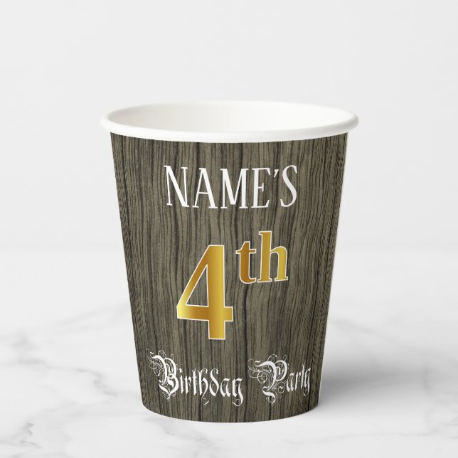 4th Birthday Party — Faux Gold & Faux Wood Looks Paper Cups (Back)