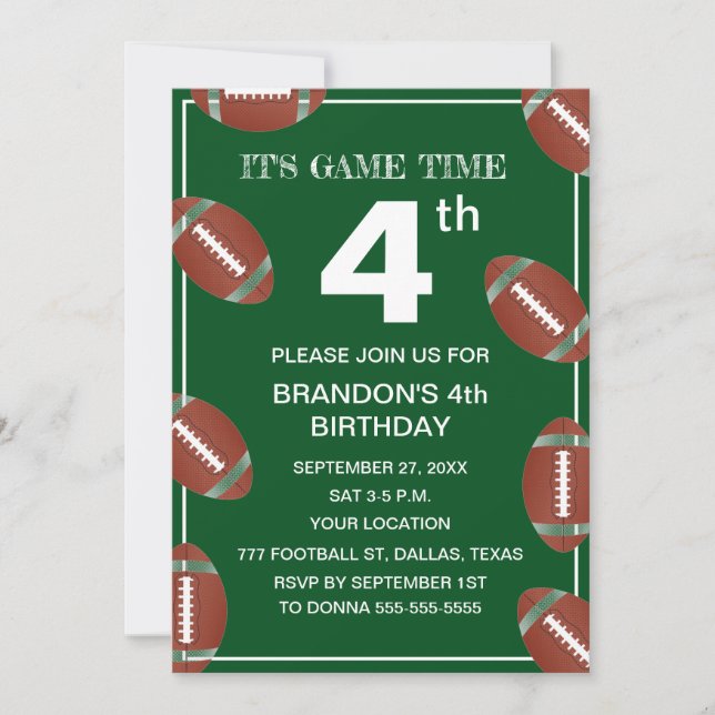 4th Birthday Party Football Green Sport Kids Boy Invitation (Front)