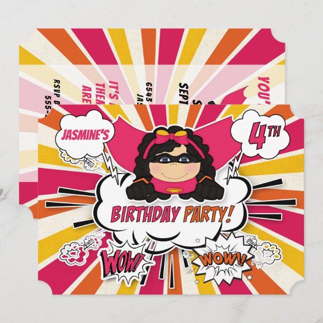 4th Birthday Party Girls Superhero Pink Comic Invi Invitation (Front/Back)