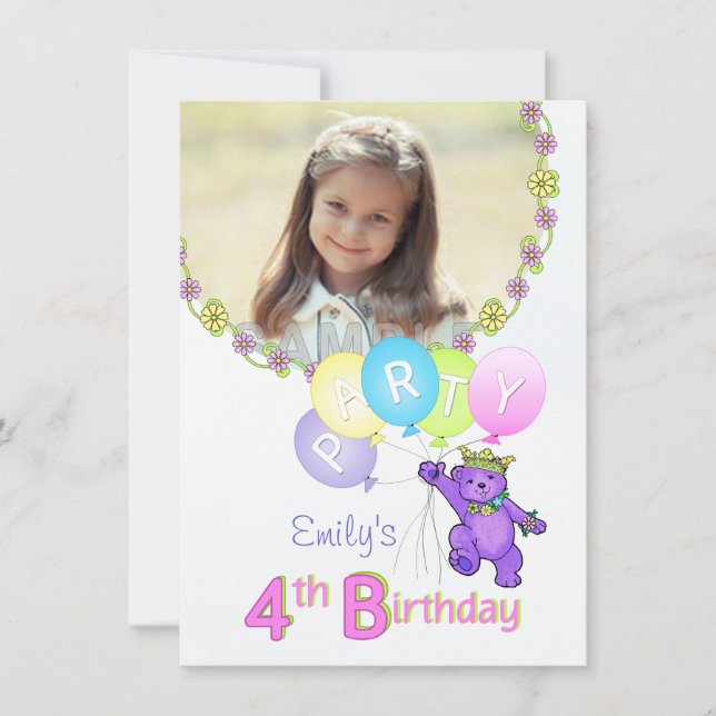4th Birthday Party Princess Bear Custom Photo Invitation (Front)
