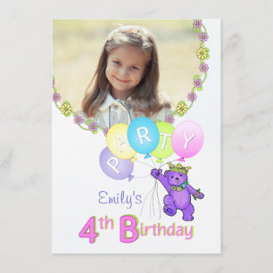 4th Birthday Party Princess Bear Custom Photo Invitation