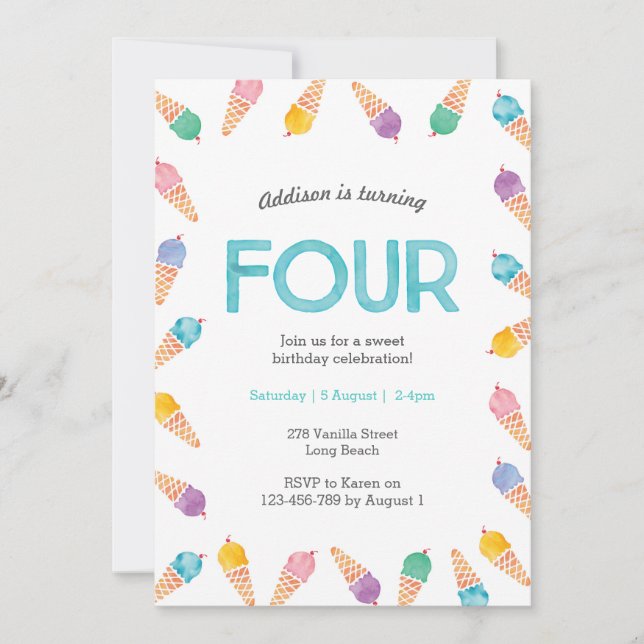 4th Birthday Party | Rainbow Ice cream invitation (Front)