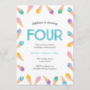 4th Birthday Party Rainbow Ice cream invitation