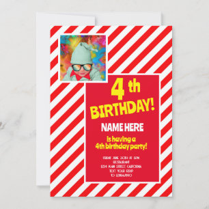 4th Birthday Party Red White Candy Stripe Bday Invitation