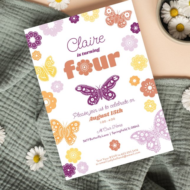 4th Birthday Party Retro Butterfly Birthday Invitation (Retro Butterfly 4th Birthday Invitation)