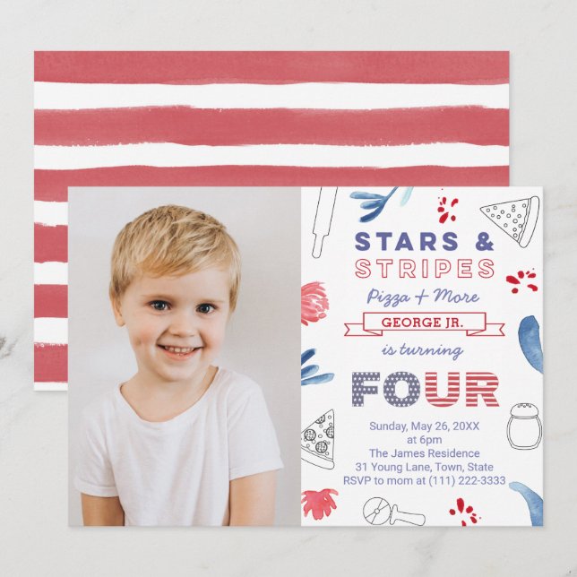 4th Birthday Party Stars and Stripes Pizza Invitation (Front/Back)