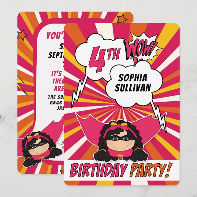 4th Birthday Party Superhero Pink Comic for Girls Invitation (Front/Back)
