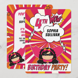 4th Birthday Party Superhero Pink Comic for Girls Invitation