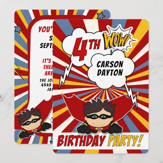 4th Birthday Party Superhero Red Comic for Boys Invitation (Front/Back)