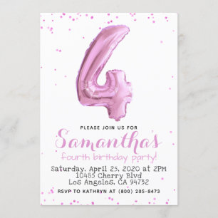 4th Birthday Pastel Pink Balloon Invitation