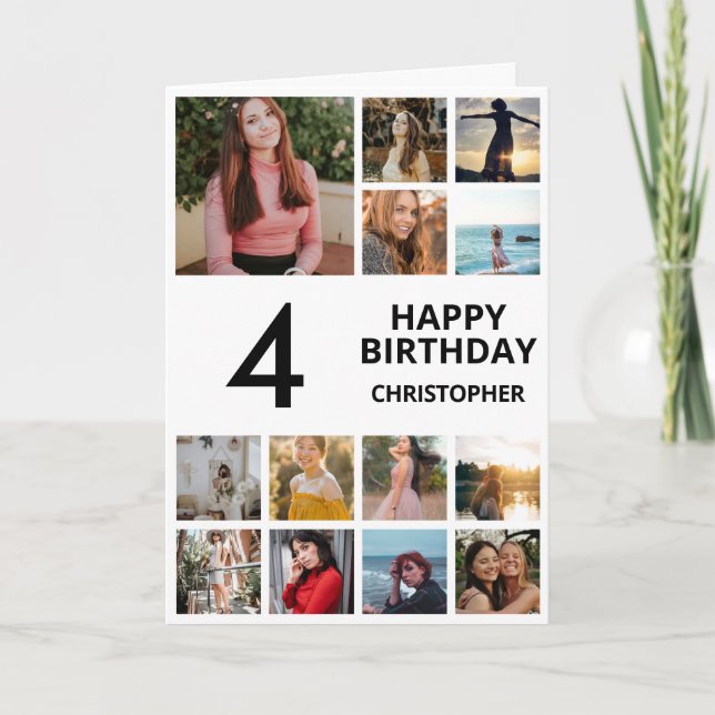 4th Birthday Photo Collage 13 Photos Black & White Card (Front)