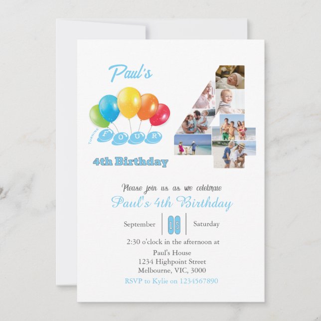 4th birthday photo collage number 4 Boy Invitation (Front)