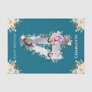 4th Birthday Photo Collage Teal Blue Yellow Flower Tissue Paper